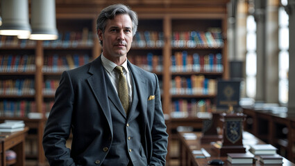 Fototapeta premium Distinguished 1920s Gentleman in a Tweed Suit Sitting in a Grand Library with Dark Wood Bookshelves