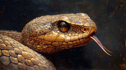 Fototapeta premium Close-up of a rattlesnake's head with detailed scales and distinctive rattle captured in its natural desert habitat