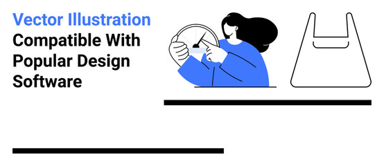 Woman working with design tools, steering creativity and innovation, alongside app UI elements. Ideal for design software ads, UIUX, creativity themes, workshops, tutorials, branding flat landing