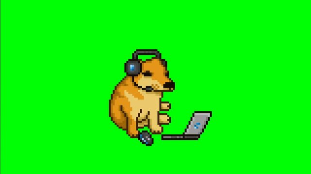 Dog playing on laptop, pixel art meme animation