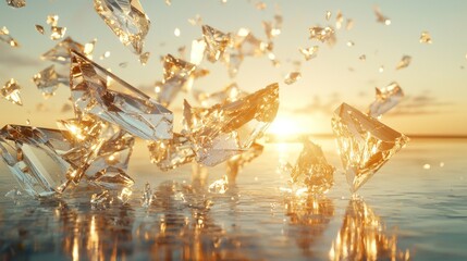 Shattered glass fragments floating over calm water at sunset.