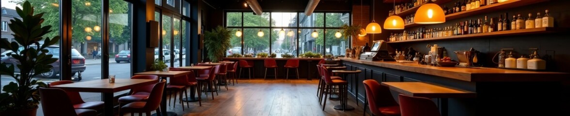 A modern coffee shop with trendy furniture and stylish lighting, trendy, stylish