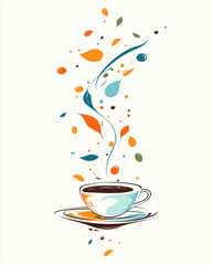 vibrant coffee cup design with colorful steam and leaves