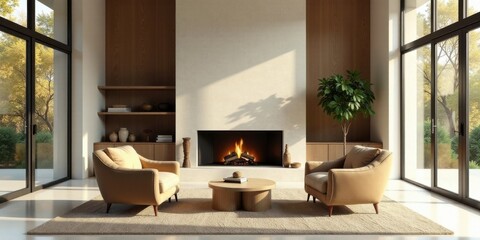Fototapeta premium Modern minimalist living room with a fireplace and large windows showcasing natural light and calming earth tones
