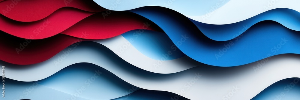 Poster dynamic layered paper art waves in red, blue, and white showcasing national pride and artistic movem