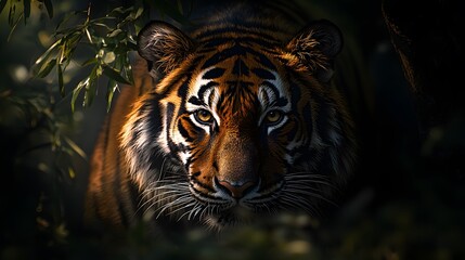 Incredible close-up of a bengal tiger's face emphasizing stunning features and intense expression in its habitat