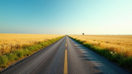 Fototapeta premium Asphalt Road Cutting Through Golden Wheat Fields Under a Clear Blue Sky, Leading to a Distant Horizon