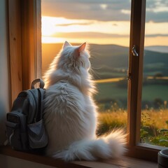 Window to Wonder: A fluffy white cat gazes out of a window at a stunning sunset view, with backpack adding a touch of travel and exploration to the scene.