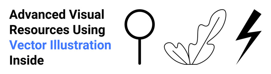 Black magnifying glass, abstract leaf, and lightning bolt create a bold, minimal design. Ideal for creativity, exploration, innovation, technology, nature learning flat landing page banner