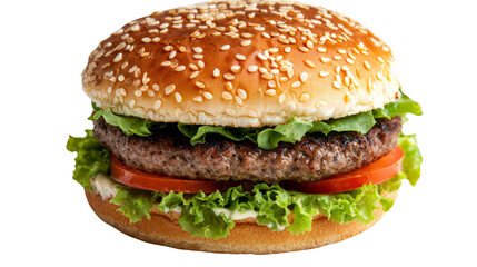 Close-up of a hamburger isolated on transparent background, PNG file, juicy and delicious