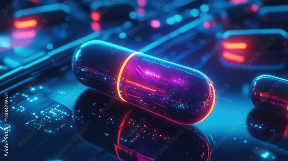 Poster neon cyberpunk pill suspended in dark void with futuristic lighting and sci fi medical aesthetics ge