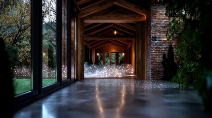 Fototapeta premium Rustic Farmhouse Hallway Cozy Interior Wooden Beams Brick Walls Garden View