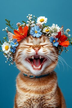 Isolated blue background, copy space, digital ads idea. Cute adult cat singapura wearing primal flower circlet on its head - symbol of sunny vacation time. Joyful cat in flower crown.