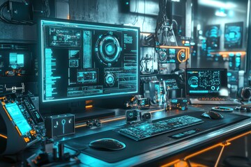 Digital representation of future gadgets and advancements in technology and science.