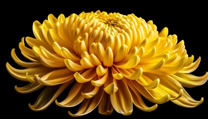fluffy blooming yellow chrysanthemum flower isolated on black background design element cut out