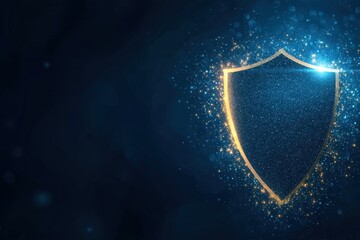 Glowing shield emblem with a metallic look on a dark navy blue gradient background with shimmering sparks and luminous energy beams creating a powerful protective and futuristic digital