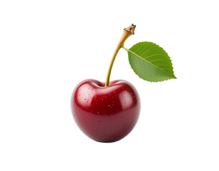 close up of cherry fruit with leaf isolated on transparent or white background