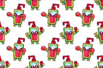 kawaii hand sanitizer bottle character seamless pattern illustration background