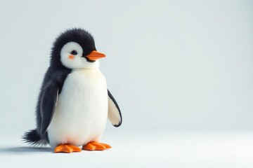 Fototapeta premium Adorable little penguin with orange beak in empty white space, Nature, Feather