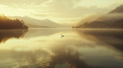 Fototapeta premium Serene sunrise over a calm lake with a lone swan.
