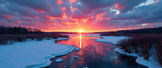 A breathtaking sunset over the frozen marsh and Sesuit Creek in East Dennis, Massachusetts in winter.  Deep, rich colors in the sky, with a cold, serene mood.  Dramatic lighting, highlighting the text