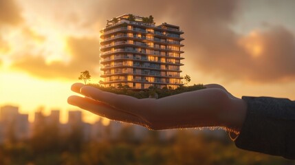 Hand holding modern apartment building sunset.