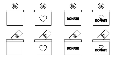 Donation Box Icon Set. Donation Box Vector Icon in line style design. Donation Box Symbol. Vector illustration.