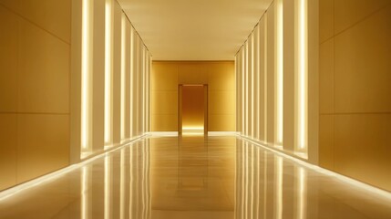 Luxurious gold hallway with LED lighting and shiny floor.