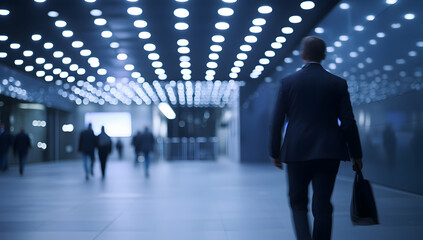 Fototapeta premium Businessman Walking Through Modern Urban Interior With LED Lights in Metropolitan Area at Night