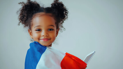 France Day. The concept of celebrating a national holiday in France. French Flag Day. Children's schools. A little African woman holds a tablet in her hands and smiles. The concept of patriotism