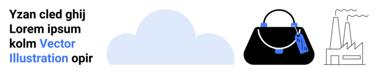 Cloud shape, purse with tags, and factory outline combining technology, fashion, and industry. Ideal for retail, sustainability, logistics, commerce innovation branding flat landing page banner