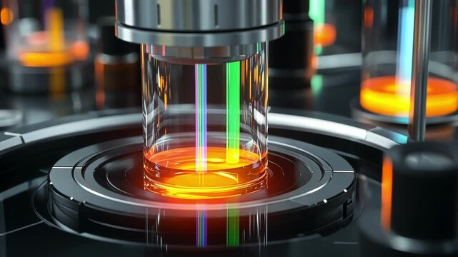 A closeup of a robotic spectrometer analyzing samples with laser beams focused on a colorful solution inside a rotating cuvette. The scene highlights the intersection of automation