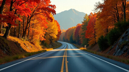 A highway winding through a beautiful autumn landscape with vibrant fall foliage, capturing the essence of the season.  Depth and mood, vibrant colors, golden hour lighting, atmospheric perspective, c