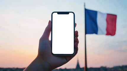 The concept of online invitations to elections in France. Mockup of a phone in a woman's hand, close-up. A man with a mobile phone with an empty white screen