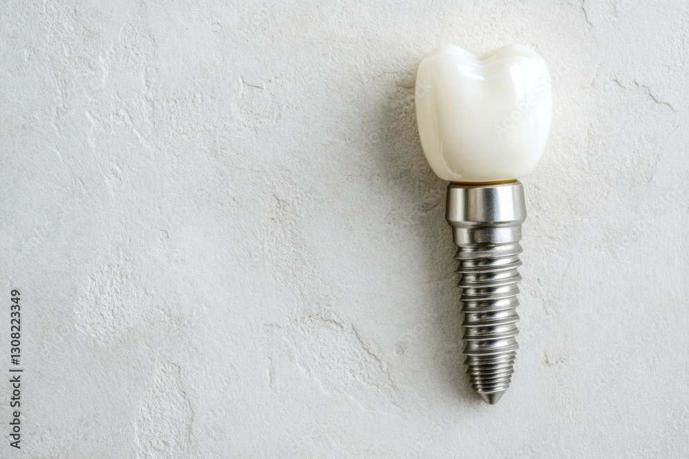 Poster high quality dental implant featuring detailed metal texture on a smooth white surface with ample sp
