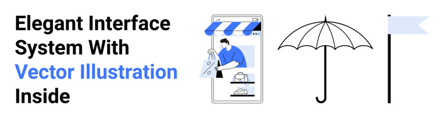 Customer browsing online store on smartphone, umbrella, and minimal flag graphic. Ideal for e-commerce, UI concepts, weather apps, retail branding, app design, marketing flat landing page banner