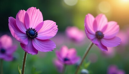 Beautiful background of purple anemone flowers in full bloom, petals, background