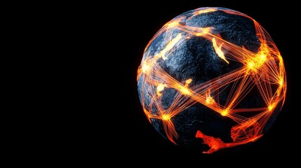 A dark, rocky sphere is enveloped by a network of bright orange, glowing lines, suggesting global interconnectedness or energy flow.