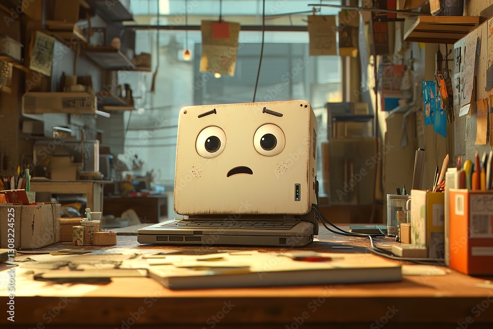 Poster a computer character with a worried expression in its workshop setting