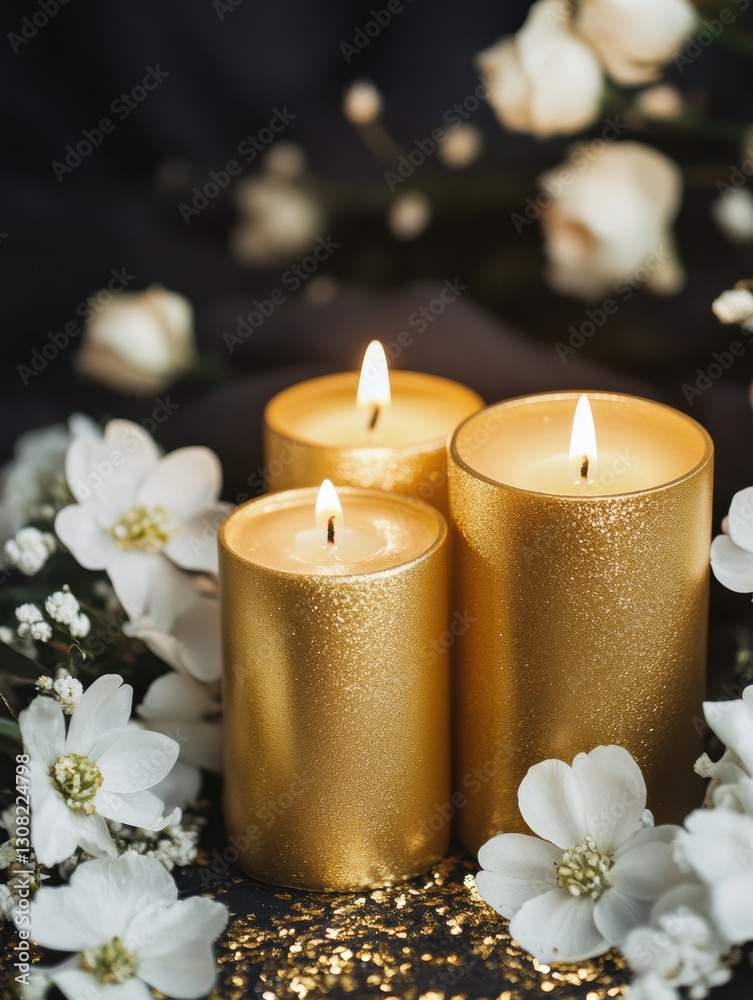 Aufkleber Elegant golden candles with white flowers create a serene atmosphere against a shimmering dark background Generative AI