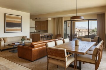 Fototapeta premium Open-plan modern living area with dining and kitchen. Spacious, light-filled interior design. Neutral color palette, natural materials. Luxury resort feel..