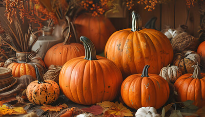 autumn pumpkins surrounded by cozy fall items