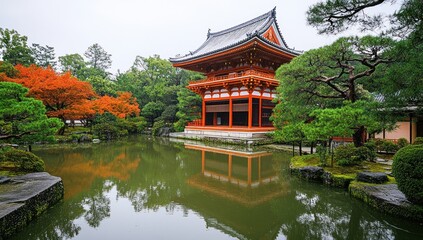 Fototapeta premium Japanese Temple Reflecting in Pond, Autumn Colors