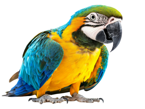 Parrot perched isolated on transparent background, PNG file, colorful feathers