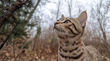 Obraz premium A tabby cat gazes leftward with tilted head; captivating eyes hint at curiosity, framed by a gentle tilt and soft brow fur against the warm backdrop