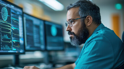 Aussie entrepreneurs businessman. Focused professional analyzing data on multiple screens.