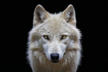 Fototapeta premium Close-up portrait of a wolf with a serious and alert expression, featuring piercing yellow eyes on a black background.