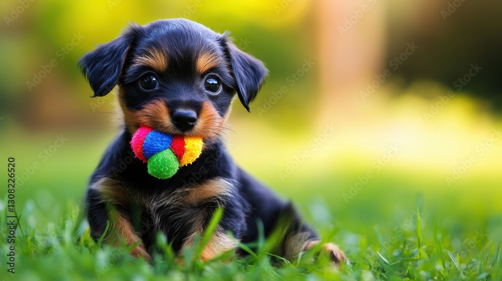 Poster playful puppy enjoys a colorful chew toy while sitting on green grass under soft natural light gener