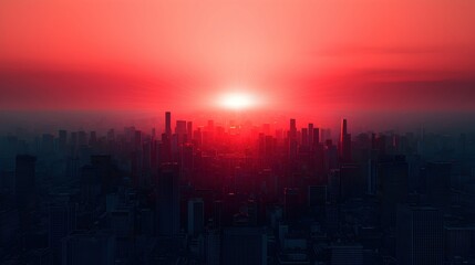 Fototapeta premium Orange Sunset Over City Skyline with Tall Buildings and Horizon Glow