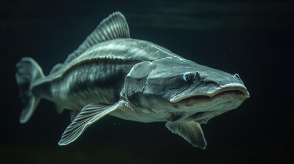 Naklejka premium Elegant gray-black catfish, sleek silhouette showcasing head and tapered tail. Its elongated form accentuates the distinctive, sharp snout, exuding an aura of aquatic grace